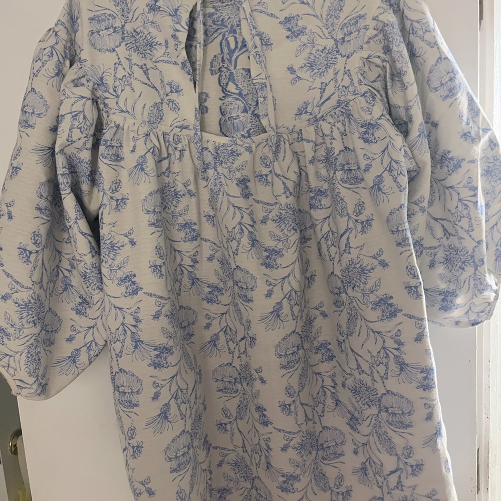 Blue and white floral print dress